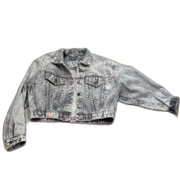 80s Vintage S.B. Blues Cropped Acid Wash Denim Jacket – Pink Stitching Size SM - Picture 1 of 5